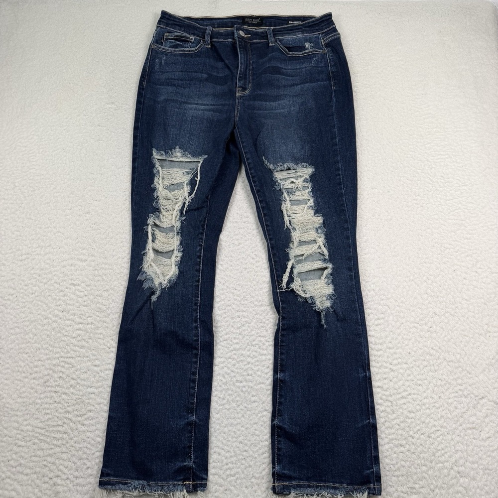Judy Blue Straight Fit Jeans Women's 15/32 Blue Dark Wash Destroyed 32x30